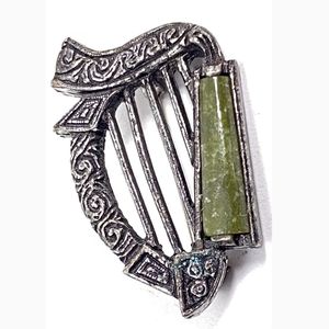 Vtg  Pewter Sol'dor Celtic Harp Cabochon Celtic Pin Brooch